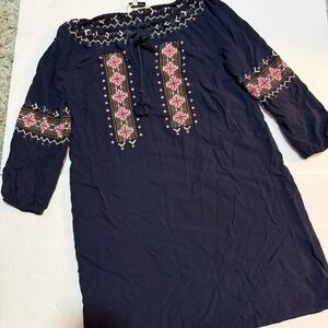 Boho Embroidered Cupcakes & Cashmere Shift Dress XS Navy Blue 3/4 Sleeves Hassle